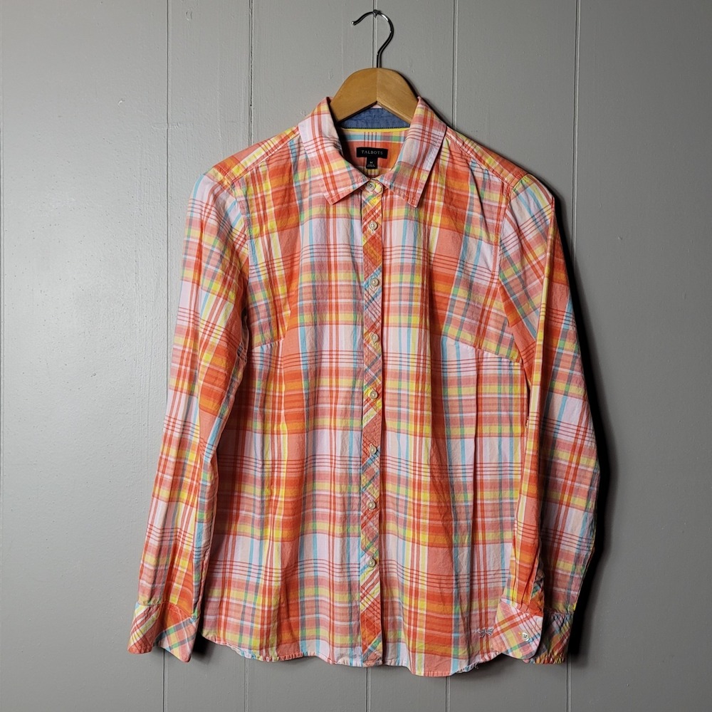 TALBOTS ORANGE PREPPY PLAID BUTTON DOWN SHIRT 100% COTTON WOMENS SIZE MEDIUM